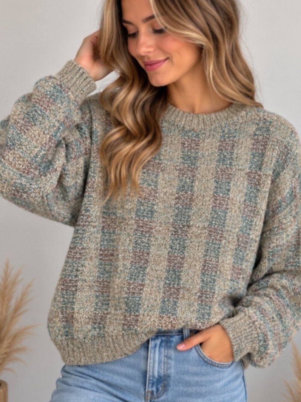 Henry Grethel Vintage Pastel Checkered Knit Sweater | Cozy Retro Pullover - L